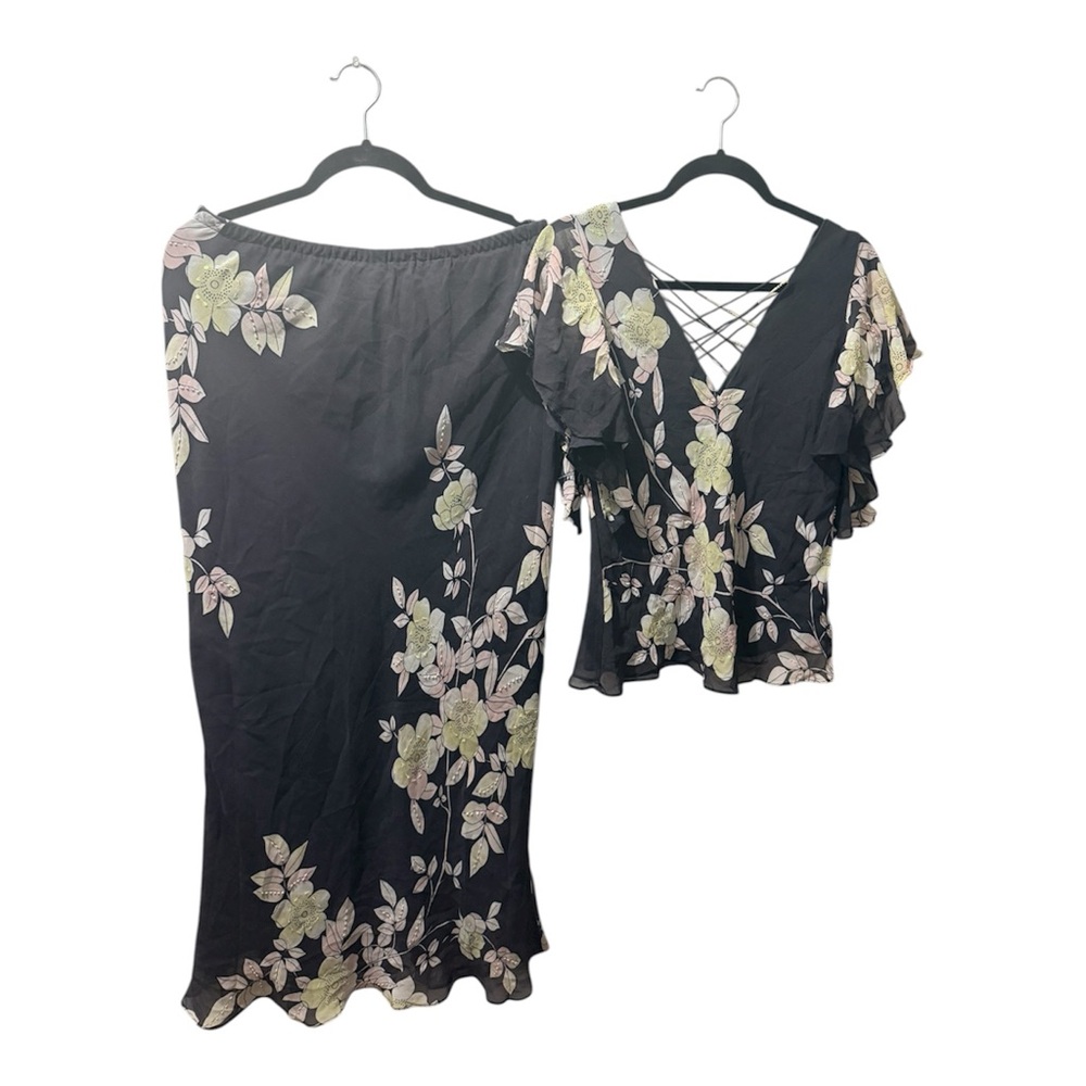 Vintage Adrianna Papell Silk Fairy Cottagecore 2 piece Floral Skirt Set Size 12